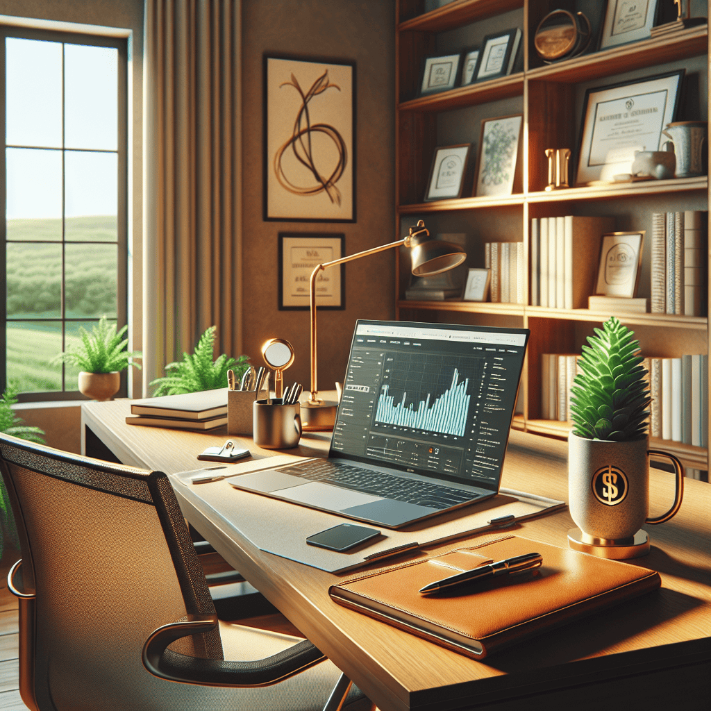 A serene and professional home office belonging to a young healthcare professional. This space illuminates warm and inviting ambiance due to the natural light streaming in from the side window. In the room, an elegant wooden desk holds a modern laptop displaying a webpage filled with graphs and charts related to finance. Next to the laptop is a stylish coffee mug featuring a subtle healthcare symbol. On one side of the desk, leather-bound notebooks with a high-quality pen and a small, succulent plant are arranged neatly. Tasteful, abstract artwork and professional certificates are displayed on the walls, while a bookshelf full of financial and medical books is seen in the background. Viewed through the window is a tranquil scene of green outdoors. A comfortable ergonomic chair and a soft desk lamp add to the inviting look of the workspace. This scene should represent a tranquil setting that radiates discipline, financial control, and professional growth.