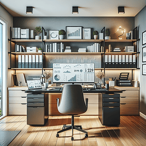 Imagine a bright, modern home office set up for an aspiring East Asian female healthcare professional. The room is flooded with natural light from a large window. Polished hardwood floor adds warmth to the light grey or off-white walls accented with minimal decor. The centerpiece is a sleek, dark wood or glass-topped desk, organized with a laptop displaying financial planning software and a desktop computer with dual monitors showing business-related charts and spreadsheets. A comfortable, ergonomic office chair in black or grey is behind the desk. There's a bookshelf filled with books on healthcare, business, and finance, along with neatly organized binders and folders. The desk also houses a stylish planner, key legal documents, standard stationery, a couple of small potted plants, and business cards. A modern printer/scanner is placed on a small table, and a smartphone or tablet rests on a charging pad. One monitor shows a cloud-based accounting software interface. The room is also lit by a desk lamp and a sophisticated ceiling fixture. Finally, a whiteboard or corkboard on the wall displays important notes and a motivational quote.