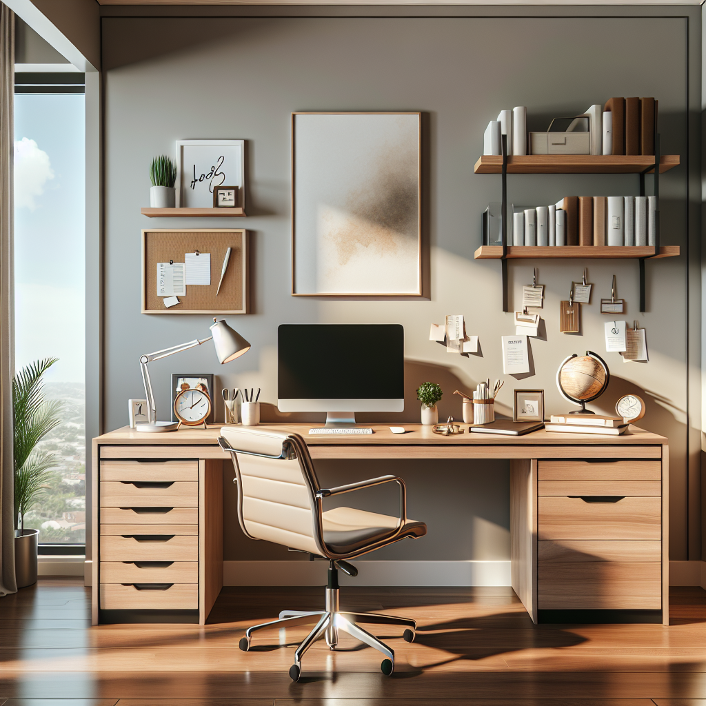 Illustrate a modern, well-lit home office for a young healthcare professional. The office is roomy with a sleek wooden desk that holds a high-end laptop, neatly stacked financial planning books, a leather-bound notebook, and a pen. An ergonomically designed office chair sits behind the desk. Additional items include a minimalist desk lamp, a coffee mug with a faint steam trail, and a potted plant. The walls are painted in a soothing light gray or beige and boast a framed inspirational artwork. Also visible is a tall wooden bookshelf stacked with books and folders, a small globe, a photo frame, and potted plants. The polished wooden floor is adorned with a soft, neutral-colored rug. Large windows with simple curtains reveal a serene garden or cityscape. A corkboard with pinned notes and a calendar hangs on the wall. A small filing cabinet and stationery items organized in a drawer are also present.