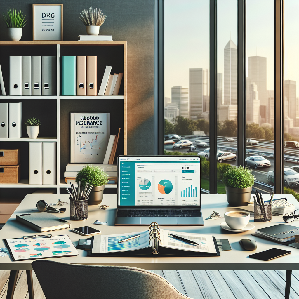 Create an image of a professional, clean, and modern workspace. The setting is a well-lit office with floor-to-ceiling windows revealing a cityscape or suburban scenery, with cars like reliable sedans or compact SUVs visible in the distance. A minimalist desk holds a laptop displaying an insurance website, paperwork including bills and policy documents, a smartphone, and a cup of coffee. Beside the desk, there's a bookshelf filled with medical textbooks, finance planning guides, and a few potted plants. Various details contribute to a theme of strategic professional planning: a binder open to colorful pie charts on insurance costs, a calendar marked with the date for a policy review, and a small certificate indicating group insurance membership. The atmosphere promises clarity and balance, amplified by a soft, professional color palette.