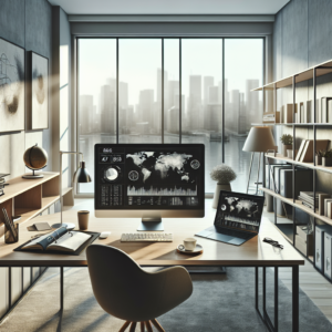 Render a peaceful, modern office space with grey or off-white walls and large windows allowing sunlight to stream in. The view outside the window should be a blend of cityscape and nature. At the center, depict a minimalist wooden desk showcasing an open laptop and a high-quality tablet displaying abstract financial graphs and charts, devoid of any readable text or figures. Next to the devices, show a neat stack of documents with unclear graphs, charts, and a sophisticated financial calculator. Incorporate a steaming cup of coffee or tea for a homely touch. Decorate the office with a small indoor plant on the desk, a bookshelf filled with neutral-covered books, binders, and tasteful objects like a globe and abstract art in the background. Illuminate the desk with a contemporary desk lamp casting a warm glow. Feature a financial planner's bag or briefcase on the plush, neutral-toned carpet next to the desk.