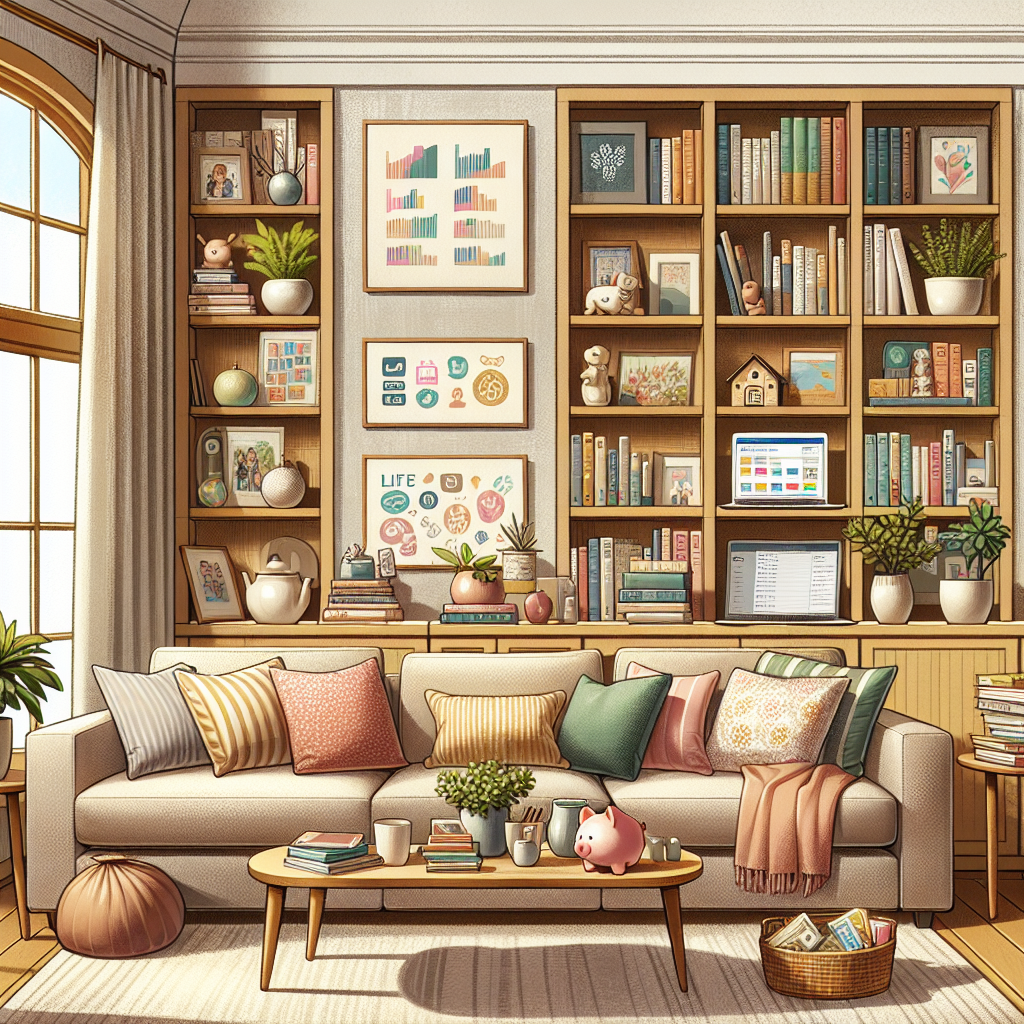 Illustrate a picture of the following detailed scene: A warm, inviting living room, a mix of traditional and contemporary, hinting at a family-oriented atmosphere. The background should consist of a light-colored textured wall, a big window allowing natural light through sheer curtains, and wooden bookshelves filled with various books. The main furniture should include a large, plush neutral-toned sofa filled with colorful throw pillows and a cozy blanket hung over one armrest. A wooden coffee table loaded with financial magazines, children's money-themed books, a laptop and printed financial charts. Decorative elements such as house plants, family-friendly artwork on the walls. On a side table or shelf, a couple of piggy banks and on the coffee table or bookshelf, a colorful mock-investment portfolio. Detail showcasing life insurance and estate planning include a binder with a non-text icon on a shelf along with a decorative object representing peace and a sense of security. Include a small chalkboard/whiteboard in the background with fun financial drawings, and a partially open drawer showing organized financial documents. This should reflect a home prioritizing financial literacy taught in a practical, friendly manner.