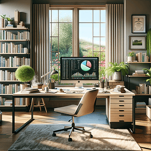 Create a hyperrealistic image of a serene and organized home office. The room should be spacious and well-lit from a large window that offers the sight of a lush green garden with vibrant flowers and swaying trees. The main element is a sleek, light wood desk with multiple office supplies such as a notebook, a pen holder filled with pens, a pile of documents, and a steaming coffee mug, signifying a professional environment. On the desk, there should be a high-definition computer monitor with visible pie chart data. Near the workspace, place a tall bookshelf stocked with books of varying size and color. Add a touch of green by distributing small potted plants on both the desk and bookshelf. Personal achievements should be symbolized by a framed picture and a diploma on the wall. A comfortable ergonomic chair should be in front of the desk. Soften the floor area with a neutral-toned, plush rug and brighten the space with a desk lamp turned on besides the natural light. Reflect the spirit of professionalism, organization, and financial planning in a peaceful setting curated for a young healthcare professional.