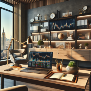 Create an image of a modern, well-lit office with large windows that provide a panoramic view of an orderly cityscape under a clear, sunny sky. In the foreground, there's a sleek wooden desk with an open laptop displaying a financial dashboard with stock charts and graphs. There's a high-quality leather-bound notebook and a gold pen on the desk, beside which is a small bonsai or succulent plant. On the right side of the desk, there's a stylish desk lamp casting a warm ambient light. The desk's background features a bookshelf filled with colorful, unlabeled financial books and journals with decorative items such as a small globe, an elegant clock, and a few framed abstract art pieces. There's a modern armchair with a soft throw blanket draped over the back, placed beside a small coffee table with a financial magazine and clean, empty glass. One side wall displays a large framed image of a calm ocean horizon with a sailboat in the distance. The lighting of the room is a mix of natural light, the desk lamp, and soft overhead recessed lighting. The overall aesthetic should inspire young healthcare professionals to make wise financial decisions in an environment that evokes security, orderliness, and forward-thinking.