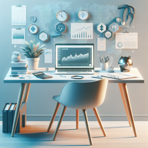 Create an image with a professional, financial, and healthcare-themed atmosphere. The background should feature light blues, grays, whites for a clean, and modern aesthetic, with subtle, abstract patterns. In focus is a sleek, modern desk, either wooden or white. On the desk should be a laptop showing a non-readable, generic financial dashboard, a stack of non-legible financial documents, and a cup of coffee. Also, present on the desk should be a calculator, an open notebook with abstract, non-specific graphs, a casually placed stethoscope, a medical ID badge hanging from a chair. Symbols of retirement and investment like a potted plant, a partially filled transparent piggy bank, and a small clock should be featured. The lighting should be natural, with soft shadows, coming from one direction for a warm atmosphere. The composition of the image should be well balanced, with objects neatly arranged and sufficient detail for a realistic look. This visually represents a young healthcare professional managing financial planning and retirement.
