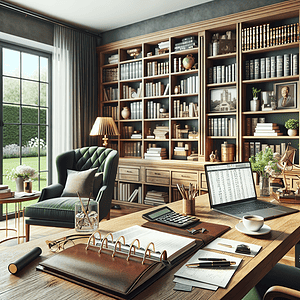 Visualize a home office blending seamlessly into a living room characterized by a welcoming atmosphere. A substantial wooden desk leans against a section of built-in bookshelves filled with books related to financial planning, law, and healthcare. The desk holds meticulously arranged papers, a classy leather-bound planner, a golden pen resting on top, and a modern laptop suggesting intense work. A cup of steaming coffee next to the laptop signifies a productive work session. A comfortable armchair clad in dark green velvet is to the right of the desk. It's paired with a small side table holding a vintage lamp casting a homely light, a financial calculator, and a pile of documents held down by a paperweight. A large window surfaces behind the desk allowing sunrays to infiltrate and brighten the room, revealing a perfectly tended garden with blooming flowers and trimmed shrubs. Adjacent to the window, a tall cabinet bears various framed photos symbolizing professions linked to financial planning and healthcare. The top of the cabinet displays decorative items like a minute globe and an ancient clock. A houseplant exhibiting broad green leaves rests in the foreground, introducing nature into the working atmosphere. Polished hardwood covers the floor with a soft, pattern-stitched rug lying beneath the desk. This picture intends to articulate the essence of managing a career in healthcare while adhering to meticulous financial planning.