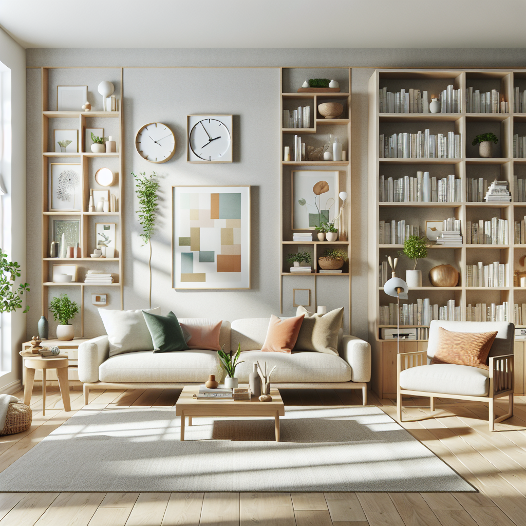 Create an image of a spacious and organized living room. The room is well-lit with large windows. The walls are painted neutral tones like light beige or pale grey. The room features a built-in bookshelf filled with array of arranged books, small potted plants, and framed artwork. The furniture includes a light beige modern sofa with colorful throw pillows, a natural finish wooden coffee table, and an armchair with a throw blanket. A minimalist side table with a modern lamp with a white shade is present. The floor features an area rug with a subtle geometric pattern, and decorations include framed abstract or nature-inspired artwork on the walls and houseplants around the room. A modern, wall-mounted clock is on the wall. A reading nook by a window contains a small bookshelf, an accent chair, and a floor lamp. Natural elements like a wooden bowl on the coffee table and a woven basket on the floor are also present. This living room should evoke a sense of financial stability, comfort, and order.