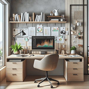 Create an image of a serene and well-organized contemporary home office environment designed for a young professional in the healthcare sector engaged in financial planning. The moderately sized room is suffused with natural daylight via large windows and has walls painted in a soft, neutral color like light gray or off-white. There's a sleek wooden desk, possibly made of walnut or oak, at the center, furnished with a modern laptop and a secondary monitor displaying multicolored financial charts. Scattered across the desk are a few financial documents and a pile of books about investment and financial planning, a small fern or succulent, and high-quality over-ear headphones on a desk hook. Situated behind the desk is an ergonomic chair with a mesh back. One wall features a sizable bookshelf filled with healthcare and finance books and small decorative pieces like planters and professional awards. There's a whiteboard or corkboard on the wall adjacent to the desk, covered with colorful sticky notes, reminders, and a calendar highlighting significant financial planning dates. A filing cabinet rests in a corner with some files slightly visible, indicating regular use. Additional elements include a comprehensive financial planning dashboard on the secondary screen, a tablet displaying a financial app, a cup of coffee or tea on a coaster, and a stylish area rug on the floor. The workspace exudes a sense of calm productivity with an emphasis on thoughtful planning and organization, mixing traditional and modern financial planning methods.