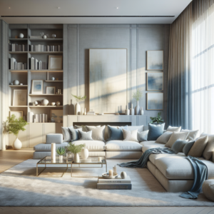 Create an image of an expansive modern living room bathed in soft, natural light filtering through vast windows dressed with sheer curtains. The walls, painted a gentle shade of gray with a hint of warmth, underscore the calming ambiance of the space. Random pieces of abstract artwork in muted colors punctuate the walls. The room's heart is a cream-colored, L-shaped fabric sofa adorned with textured throw pillows in blues and grays. A sleek glass coffee table sits in front, topped with items like a hardcover book about financial planning and a small white potted succulent. Warmth seeps from an off-white plush area rug under the coffee table and a built-in wall unit filled with hardcover books, abstract prints in frames, contemporary vases, and tiny sculptures. Indoor plants scattered around the room and blue and gray throw blankets casually draped over the sofa add a touch of comfort. A minimalist gas fireplace, linear and embedded into the wall, features a mantel with matching candlesticks and a small, framed abstract art piece. Two modern accent chairs cloaked in soft navy-blue fabric stand near the sofa, adding unexpected color. The floor is covered with polished, light oak hardwood that elegantly ties the room together. This scene should evoke serenity, prosperity, and order, emulating the benefits of personalized financial planning for young male and female healthcare professionals of various descents.