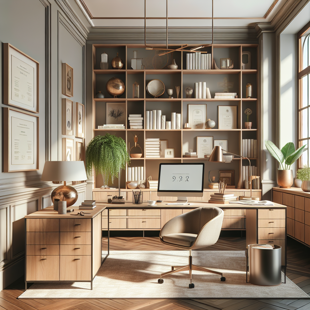 Imagine a serene, well-organized home office exuding a sophisticated yet warm ambiance. The room is spacious, graced with large windows that fill the area with natural sunlight. Its walls are coated soft beige or dove gray, harmonizing with the warm wooden floors. One wall showcases built-in wooden shelves containing neatly arranged books, documents, decorative trinkets, and potted plants. The centerpiece of the room is a sleek modern wooden desk placed near the windows, housing essential items like a polished laptop, stacked papers, an elegant desk lamp, and a coffee cup. Lying adjacent is a high-backed ergonomic chair swathed in a neutral fabric. Behind the desk stands a large wooden cabinet for storing valuable documents. Decorations feature framed certificates and inspiring artworks, as well as a towering leafy plant housed in a tasteful ceramic pot and a dainty desk-bound succulent. A soft-patterned rug adds comfort to the desk area while the lighting from a ceiling fixture and the task lamp balances with the natural light. Browsing the room, you'll notice binders labelled with different retirement accounts showcasing meticulous organisation, a small, elegant clock on the wall, and personal items like a peaceful landscape photo, a decorative globe, and a handmade pottery piece hinting at a balanced lifestyle.