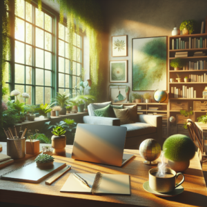 Generate an image of a peaceful home office surrounded by warm, natural light. The room should overlook a lush, vibrant garden through a large window. On the wooden desk, visualize essentials such as a silver laptop with a blurred screen, a half-filled ceramic mug with a thin wisp of steam, a spiral-bound notebook with a pen, and a potted succulent. In the background, place a bookshelf packed with diverse books, a framed abstract art piece, a small globe, and a comfy armchair draped with a throw blanket next to the window. Emphasize a warm, comforting illumination and a neutral, mainly green color scheme. The environment should give an impression of an efficient workspace for retirement planning yet a relaxing atmosphere.