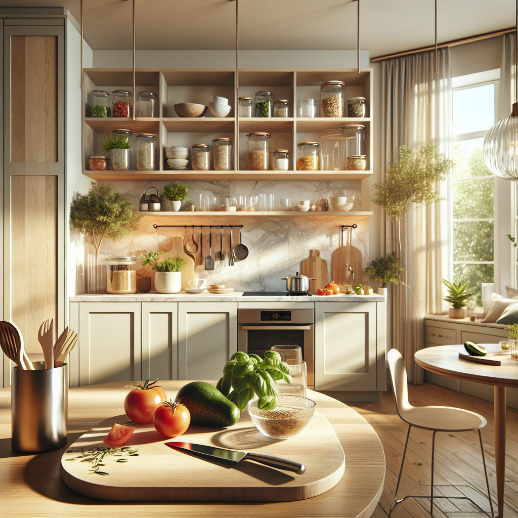 Illustrate a serene and modern kitchen bathed in warm, natural light from a large window. The kitchen features light wooden cabinetry with sleek lines and a marble countertop reflecting sunlight, creating a bright atmosphere. In the center of the countertop are fresh ingredients, including vibrant herbs like basil and parsley, plump tomatoes, and avocados. Beside them, a gleaming chef’s knife rests on a wooden cutting board. The back wall has stylish open shelving housing decorative glass jars filled with various grains and spices and a few potted succulents. A modern toaster and a sleek coffee maker are also on the countertop. To the left, a small round dining table set for two displays a white tablecloth, chic ceramic plates, matching utensils, and a bowl of fresh fruit. The light hardwood floor augments the airy feel of the kitchen. In the background, a cozy living area with a sofa and a soft area rug hints at a seamless transition between cooking and relaxation. The scene conveys a sense of peace, balance, and the joy of home cooking, emphasizing a lifestyle that synergistically combines aesthetics with health and well-being.