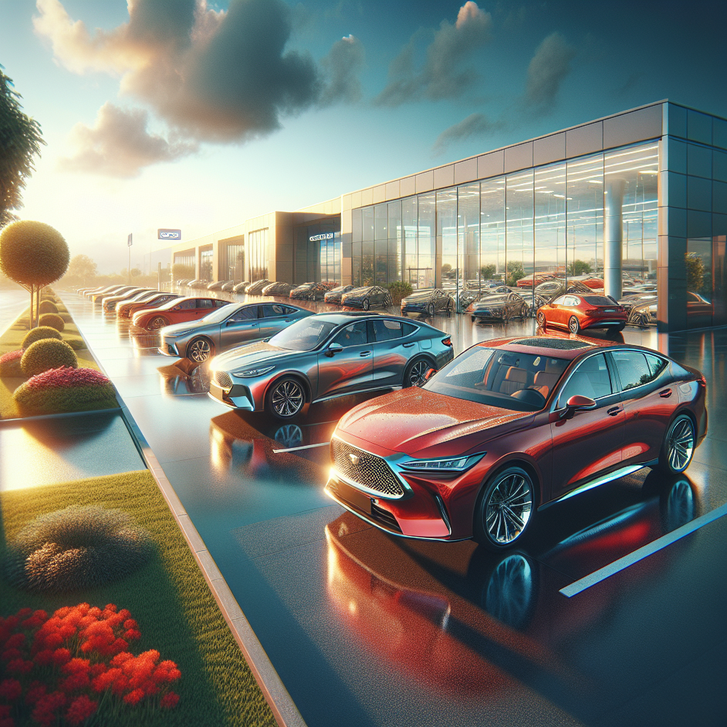 Picture a calm car dealership lot under the soft hues of a late afternoon sun. The sky is a deep blue, spotted with airy clouds, giving a serene atmosphere. The foreground features several modern, sleek cars, their shiny bodies reflect the sunlight. On the left, a radiant red sedan is parked, its design enhanced by the sunlight. Adjacent to it, a silver SUV stands, embodying style and functionality. The cars are spaciously arranged to highlight their unique features. Beyond the cars, a lush green landscape unfolds with neatly pruned hedges and vividly blossoming flowers, a small fountain gently bubbles in the background. Far off, the dealership building, an epitome of modern architecture with large, clear windows offering glimpses of the inside where more cars are being prepared for delivery, stands tall. The windows replicate the outside view, merging the exterior and interior spaces. The lot's pavement, clean and sleek from a fresh wash, offers a clear path encouraging potential customers towards the dealership entrance. Service area signs dot the corners, with maintenance tools and equipment neatly arranged. The image radiates professionalism and an open invitation to potential car shoppers in a welcoming and aesthetically pleasing environment. The ambient lighting and serene setting promise a positive experience, perfect for those about to make impactful financial decisions concerning car leasing.