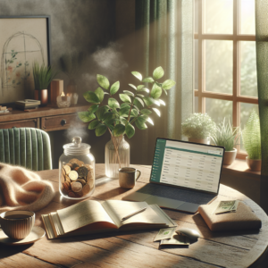 Depict a cozy, serene home environment bathed in soft, natural light filtered through a window. The room features a wooden dining table adorned with various objects representative of financial security: a glass jar filled with shimmering coins and neatly folded bills, an open notebook filled with handwritten budget plans, a modern yet vague laptop screen showing a banking interface, and a thriving green potted plant. Include a steaming cup of coffee or herbal tea on the table, suggesting a moment of contemplation. Enhance the inviting ambiance with soft textiles like a textured table runner and a cozy throw blanket on a chair. Through the window, show soft greenery, connecting the scene to nature. The color palette should encompass warm earth tones symbolizing stability and security. The scene should evoke a sense of personal financial growth and tranquility without office distractions or human presence.