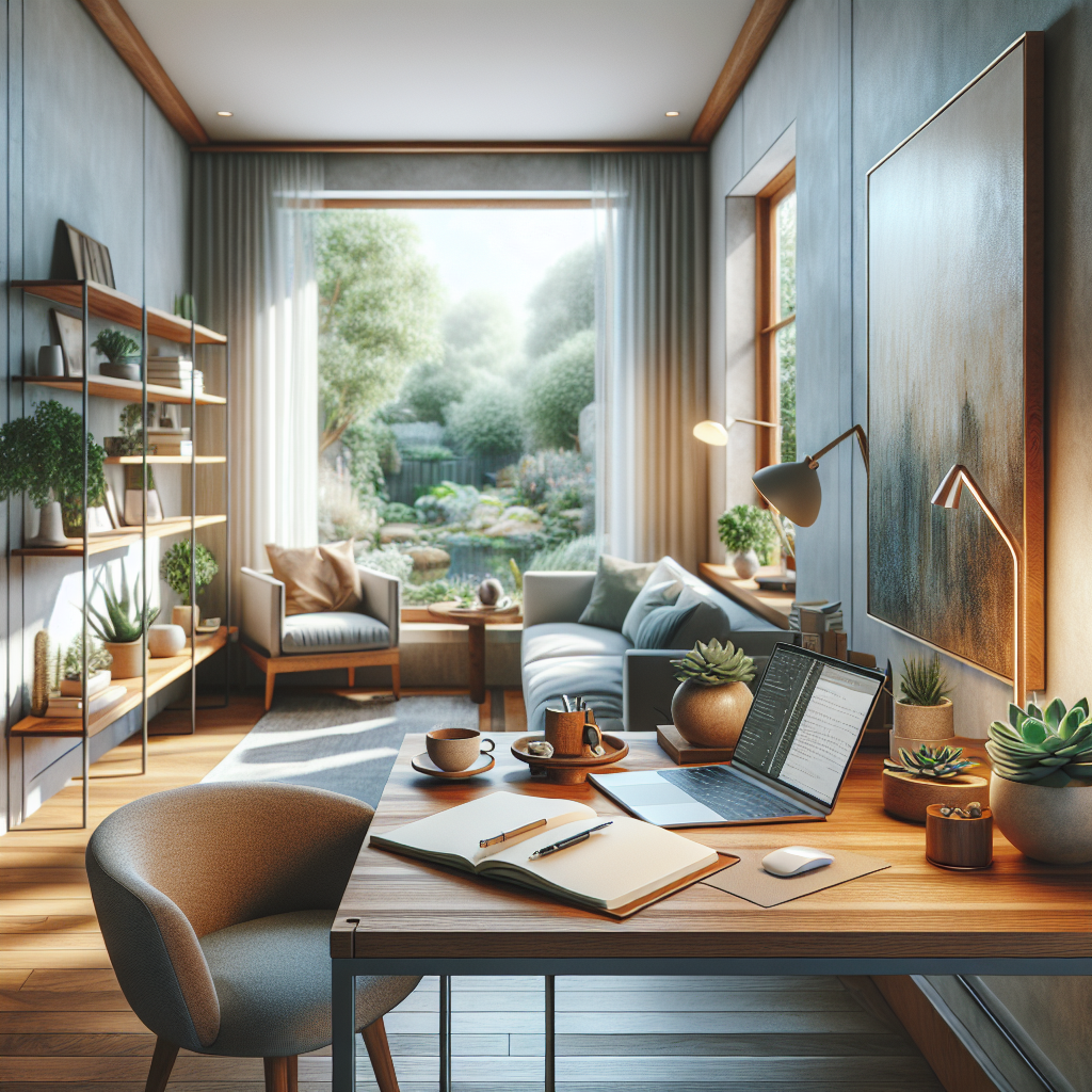 Create an image of a serene and professional workspace with large windows revealing a lush garden. The room is illuminated by soft, natural light. In the foreground, a walnut desk holds a succulent, a high-quality notebook with a pen, and an open laptop. Comfortable gray chair fits behind the desk. A little further, an armchair with beige fabric has a side table with a hot cup of herbal tea. A large piece of abstract art decorates the wall. Warm lighting from a floor lamp makes the space inviting. In the background, natural wood shelves carry books and ornamentals. Walls are in pale blue. The image balances work and relaxation, professionalism and comfort.