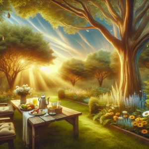 Picture a serene and inviting outdoor setting, embodying calmness and security, symbolic of financial security and life insurance planning. The scene unfolds in a verdant park during the late afternoon's golden hour. Sunlight trickles through tall, age-worn tree leaves, casting warm, golden beams that create a tranquil ambiance. The sky, tinted a soft blue with delicate, streaking clouds, adds to the peaceful feel. In the foreground lies a well-maintained wooden picnic table encircled by plush chairs, topped with a neat spread of fresh fruits, sandwiches, and a thermos of lemonade. Small vases with dainty flowers add elegance to the setting. The picnic zone is lined with flowerbeds flourishing with daisies, marigolds and lavender, their vibrant colors punctuating the green landscape. Birds flutter from one branch to another, their movements synchronized with the wind's gentle rustling of the leaves. A small fountain bubbles nearby, its soothing melody complementing the tranquil scene. A stone-lined path invites one to explore deeper into the park's abundance. Subtle silhouettes of rolling hills in the backdrop signify enduring growth, and a firm, distant gazebo embodies security and a space for memory-making. The scene is imbued with warmth, protection and community, dovetailing seamlessly with the concepts of life insurance and future financial planning. The absence of human beings facilitates viewer immersion, allowing them to perceive the setting as a testament to their personal narratives of safeguarding those they care for.