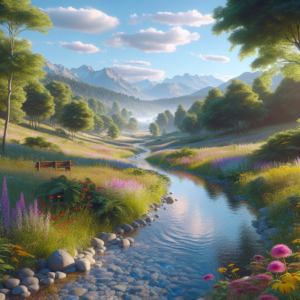 Render an image of an expansive and calm landscape, featuring gently rolling hills blanketed with soft, lush green grass and adorned with bright wildflowers in hues of pink, yellow, and purple. The sky above is a clear blue, hosting a handful of fluffy white clouds. In the far distance, stunning mountains loom, their high points crowned with shimmering snow. Foregrounded in the scene is a meandering, transparent stream, its waters reflecting the cerulean sky and surrounding verdant vegetation, and below its surface, small fish can be seen flitting about. The stream is lined with smooth stones. Adjacent to the waterway, a canopy of trees stands, their leaves whispering in the wind. Through this arboreal veil, sunshine sifts, casting intricate patterns of shadows on the forest floor, which is scattered with ferns and blooming bushes. Wooden benches are peppered throughout the background, beckoning one to rest and absorb the scenic vista. All elements in the image are suffused with the warm radiance of late afternoon sun, radiating an atmosphere of tranquility and invitation to cognate or bask in nature's beauty.