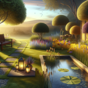 Visualize a tranquil and serene outdoor setting that signifies peace and contemplation. The image showcases a beautifully manicured lawn, dotted with vibrant wildflowers in shades of yellow, purple, and blue. A pebble pathway, adorned with small lanterns, leads to a peaceful garden area with geometrically shaped ornamental bushes. A rich, dark oak bench is positioned under the shade of a large, leafy tree next to a table holding a decorative stone vase filled with wildflowers. A clear, reflective pond inhabited by dragonflies is surrounded by reeds and water lilies. In the background, soft hills under the warm hues of a setting sun gently touch the horizon. The scene embodies harmony and peace, reflecting the idea of significant financial decision making.