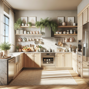 This image is of an inviting kitchen that beautifully blends modern and classic design elements. The kitchen features light-colored wooden cabinets, marble countertops, and stainless steel appliances, all radiating cleanliness and sophistication. Natural light streams in through a large window with white sheer curtains, bathing the room in a comfortable glow. The countertop houses a variety of essentials such as a wooden fruit bowl filled with vibrant fruits, and chic spice jars. Additional appliances include a reflective stainless steel fridge, built-in oven, and a coffee maker beside neatly stacked pastel mugs. Light oak flooring underpins the whole design, accented with an understated geometric rug beneath a table. Soft neutral tones color the walls, adorned with framed nature artwork and a shelf of leafy potted herbs, adding a fresh pop of green. The kitchen, devoid of any human presence, emits a serene vibe, serving as a haven for someone seeking a peaceful life amidst their professional journey.