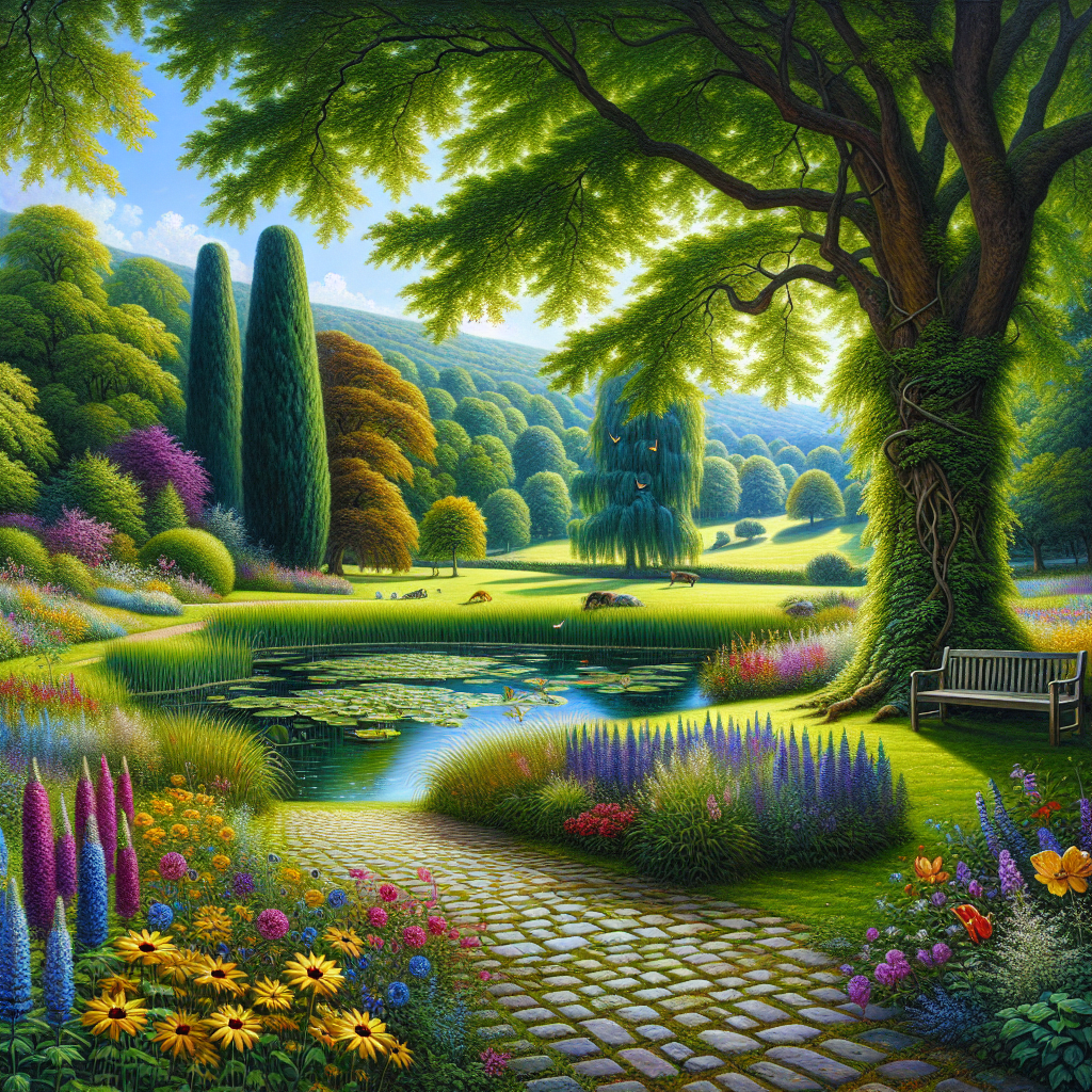 Visualize a serene outdoor scene set in a lush green park on a sunny day. In the foreground, a manicured lawn adorned with vibrant wildflowers in shades of yellow, purple and blue stands out against the verdant grass. To the left, a cobblestone pathway meanders invitingly, accompanied by flowering shrubs with rich blossoms and wide-canopied trees that create dappled shade and intricate patterns on the ground. In the middle of the painting, imagine a small, peaceful pond reflecting the clear blue sky, filled with lily pads and koi fish, overflown by iridescent dragonflies. Progressive in the painting, group of tall, majestic trees, their trunks blanketed by patches of moss, provide depth and seclusion, while rolling green hills in the distant background contribute to the tranquil ambience. On the right, a weathered wooden bench, entwined with creeping vines, offers a contemplative overlook of the pond. The entire image should exude tranquillity and natural beauty, offering a refuge from everyday chaos.