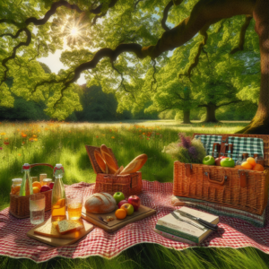 Create an image of a peaceful outdoor scene in a vibrant green park on a sunny day. The primary focus is a well-arranged picnic under the shade of a large oak tree. In the foreground, there's a picnic blanket displaying a classic red-and-white gingham pattern with two wicker picnic baskets, one slightly ajar, revealing fresh fruits such as apples, oranges, and grapes. Beside the baskets are some artisanal breads on a small wooden cutting board, accompanied by a cheese knife, and a pair of reusable glass water bottles. The surrounding park, seen in the background, is filled with tall trees forming a dense green canopy, through which sunlight seeps to form a dappled effect on the ground. Colorful wildflowers are interspersed in the grass. Along the edge of the blanket, there are a few books related to finance and wellness, and a pair of sunglasses. The image radiates tranquility, relaxation, and thoughtful planning, blending enjoyment in the present with an eye towards the future.