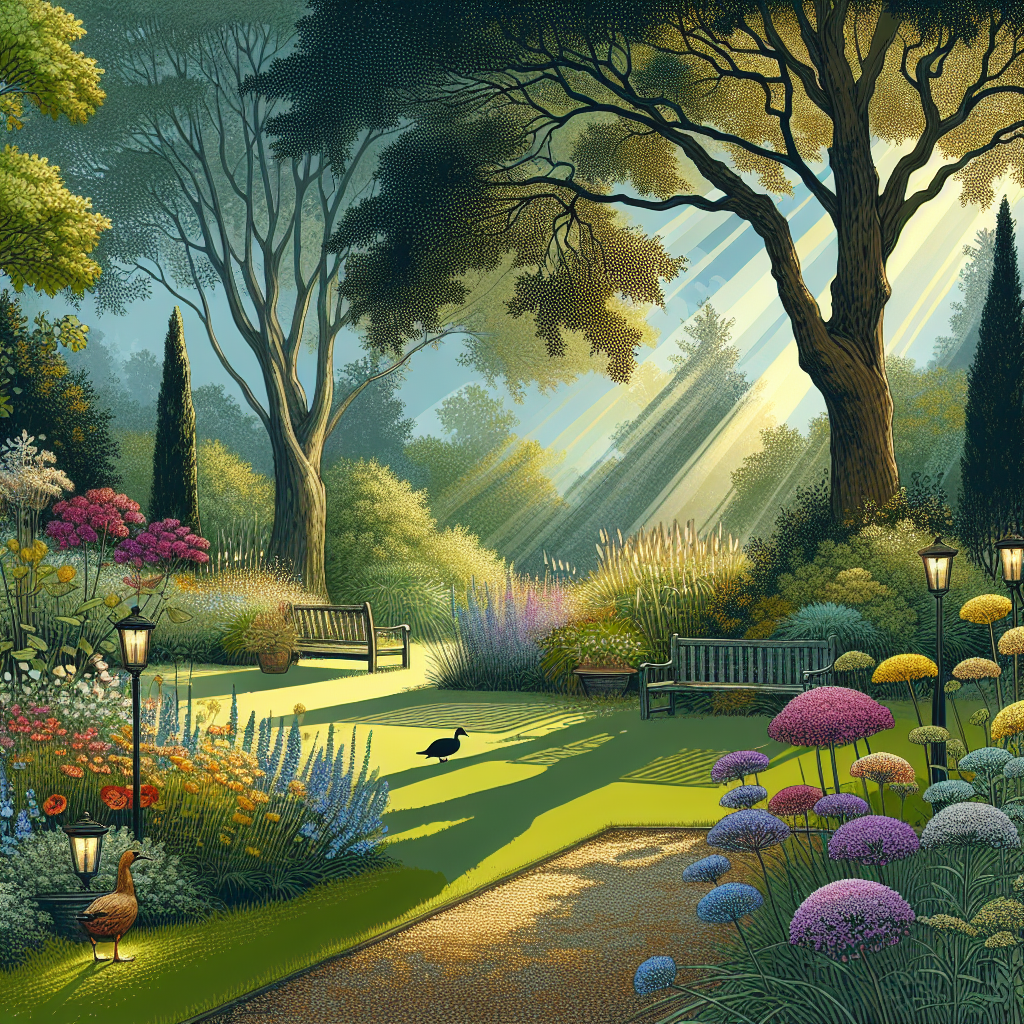 The illustration captures a calming outdoor scene set in a lush park during the late afternoon. The main aspect is a well-kept lawn boasting different shades of green, adorned with clusters of wildflowers in shades of yellow, purple, and red swaying gently to a light breeze. Tall trees with thick trunks and wide-reaching canopies in the backdrop cast speckled shadows on the ground, with beams of sunlight creating a light-and-shadow play. Birds' silhouettes are discernible on the branches against a blue sky dotted with slow-moving white clouds. To the side, a smooth gravel path winds its way through the flora, with decorative lanterns lining it, hinting at nighttime congregations. A weathered wooden bench sits invitingly under a large oak tree, surrounded by potted plants. Far off, a gradient leads to a modest pond reflecting the sky's hues and the bordering leaves. A group of ducks gracefully traverse the mirror-like water, leaving ripples marking their paths. The image conveys a sense of tranquility, relaxation and contentment, making it a haven for reflection or low-key endeavors. The variety of colors, interplay of light, greenery's verdancy, and nature's tranquil sounds all create an upscale, yet soothing atmosphere, ideal for promoting mental and physical wellbeing.