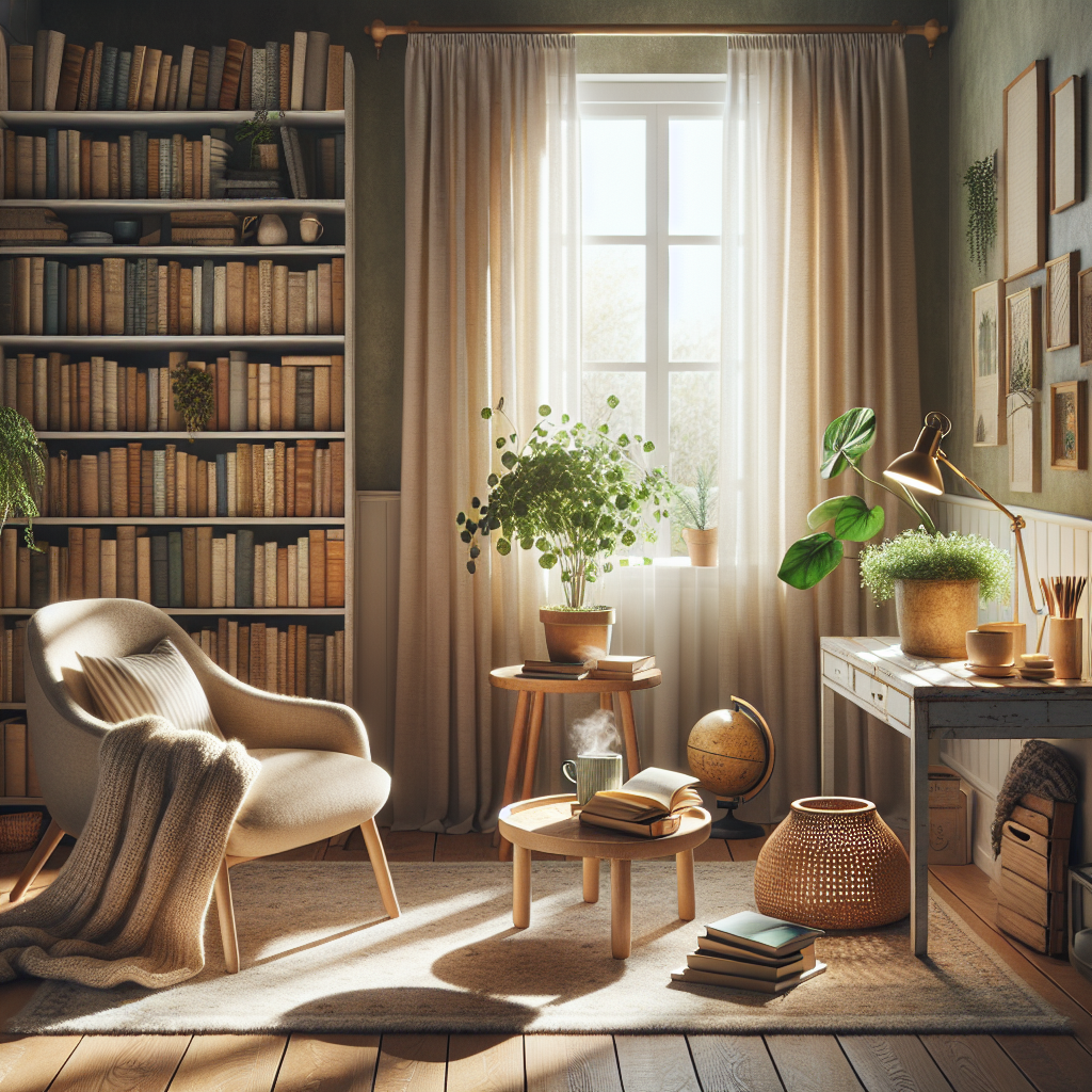 Picture a peaceful and inviting private study area. It's nestled in a home's corner, bathing in warm, natural light that filters through a large window draped with soft, transparent curtains. To the left, there's a cozy, plush armchair in beige fabric, angled towards the window. A light wooden side table holds a steaming mug of herbal tea and a small pot plant with lively green foliage. A knitted throw blanket draped casually, adds warmth. A distressed wooden coffee table hosts a sleek laptop and a colorful array of open books. An open book bears slightly curled pages indicating recent use. A muted carpet lies on the hardwood floor, enhancing coziness. On the right, a tall bookshelf full of varied books extends to the ceiling. Its colorful spines, vintage globe, small sculpture, and framed photos enrich the space's personality. The walls bear a calming hue, like light sage green or cream, fostering a soothing environment. The mix of natural materials, gentle textures, and chosen decor creates a space for reflection or strategic planning. This image portrays a retreat for personal development and financial consideration, hinting at a place for comfortable, enlightened decision-making about one's financial future.