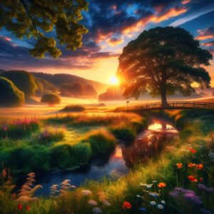 Depict a tranquil landscape during the break of dawn. The rising sun casts a golden illumination over a dew-covered green field scattered with vibrant wildflowers. A gentle stream rolls through the grassy expanse, mirroring the morning sky's transition from deep indigo to bright orange and pink hues. To the right, a towering oak tree with wide branches rustles in the breeze, accommodating playful birds within its verdant foliage. In the far distance, low-lying hills, draped with thick forests and meadows, roll under a near clear sky dotted with wispy clouds to accent the calm ambiance. On the left, a quaint wooden footbridge stretches over the stream towards the serene setting. This picturesque scene symbolizes renewal, inviting introspection about future prospects and financial security in a rapidly evolving world.