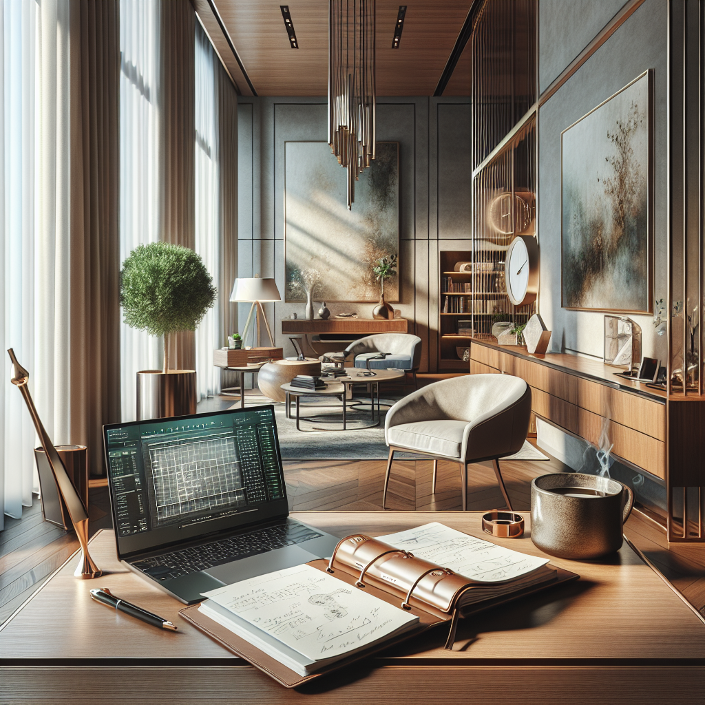 A serene and luxurious home office intended for a high-income healthcare professional focusing on financial planning. The environment is well-lit by natural daylight streaming in through the large floor-to-ceiling windows. The dominant piece of furniture is a sleek, modern wooden desk with a minimalist design. On the desk there's an opened elegant laptop displaying a financial planning software, next to a leather planner filled with handwritten notes and diagrams. Beside the desk, there's an elegant leather-bound book titled with embossed lettering, symbolizing a financial guide. The background features a seating area with a plush armchair and a round side table with a steaming cup of coffee, a stylish ceramic mug and a green potted plant nearby. The walls are decorated with abstract artwork, and a large, elegant clock hangs above. The floor is polished hardwood with a luxurious area rug under the desk and seating area. The scene represents a sense of professionalism, tranquility, and focus.