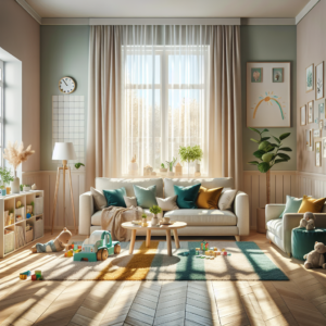 Imagine a peaceful and nurturing family living room, illuminated by soft natural sunlight filtering through large windows dressed in sheer white curtains. The spotlight of the room is the light hardwood flooring reflecting the patterns of sunny rays. A plush, cream-coloured sofa sits proudly in the centre, decorated with a variety of teal, mustard yellow, and soft grey cushions. A wooden coffee table with a light finish is adorned with children's books and a touch of greenery with a petite potted plant. Adjacent to the sofa, a colorful play mat with plush toys and building blocks occupies the area, with a bright bookshelf filled with children's books and toys nearby. Soft pastel coloured walls carry a gallery of family photos and children's artwork, making the space personal and inviting. Adding to this, a large whimsical clock and indoor plants on the windowsill breathes life into the room. In the background, a cozy reading nook with a comfortable armchair welcomes relaxation, a steaming cup of tea on the adjacent table serving as an epitome of tranquility. The room gives off a vibe of warmth and gentle care, indicative of the lively and beloved family interactions that must certainly occur in such an entrancing space.