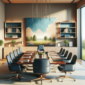 Create an image of a professionally serene and inviting workspace set inside a modern conference room. The room has soft beige painted walls and a large wooden conference table of mahogany finish at the center, surrounded by comfortable ergonomic chairs upholstered in deep navy blue fabric. On the table, include a leather-bound portfolio with neatly arranged financial documents, some sleek pens, a minimalist notebook, and a high-end tablet with a blank screen. There's a large window on one side, presenting a splendid view of a green landscape with trees and a rolling lawn under a clear blue sky with white clouds. A corner of the room features a tall shelf filled with financial books and journals with a small potted plant on top. On the other side, a framed minimalist painting with calming shades of green and blue is displayed. The room feels spacious and well-lit, providing a conducive environment for financial planning and discussions.